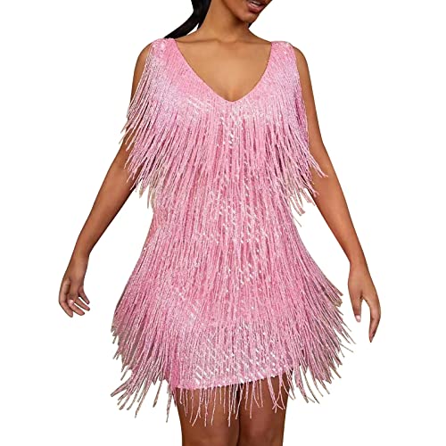 callmo Fransenkleid 20er Jahre Damen 1920er Jahre Gatsby Pailletten Fransen Vintage Flapper Kleid Cocktailparty Kleid Kostüm Set für Abendabschlussball von callmo