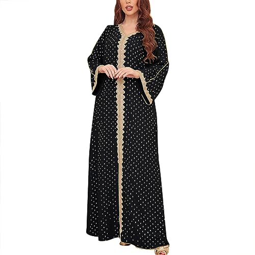 callmo Gebetskleidung FüR Frauen Einteilig V-Ausschnitt Colorblock Voller Abdeckung Muslimische Kleider Mit Polka Dot-Druck Modern Langarm Arabisch Kaftan Elegant Bequemes Abaya Schwarz Weiß Blau von callmo