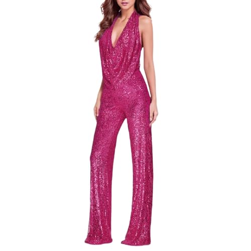 callmo Glitzer Jumpsuit Damen Kleid Damen Elegant, Damen Jumpsuit Ärmelloses Neckholder Pailletten Overall Elegant V-Ausschnitt Playsuit Glänzend Lang Romper Damen Casual Gerade Beinhose Lässiger von callmo