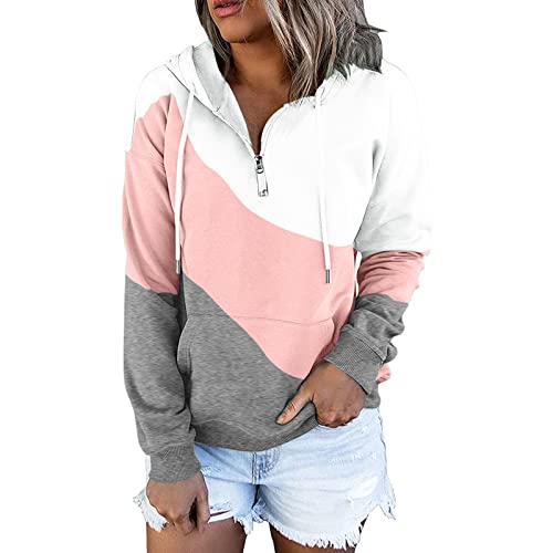 callmo Hoodie Damen Kapuzenpullover V-Ausschnitt Patchwork Sweatshirt mit Reißverschluss Pullover Herbst Winter Warm Oberteil mit Kängurutasche von callmo