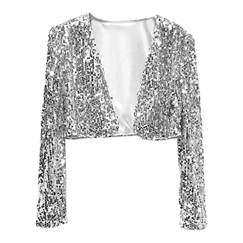 callmo Jacke Glitzer Damen Festlich, Damen Pailletten Jacke Glänzend Bolero Cardigan Langarm Tops Kurz Oberteile Eleganter Blazer Glitzer Party Outfits Clubwear von callmo