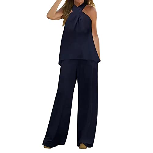 callmo Jogginghose Damen Set Hosenanzug Damen Hochzeit Festlich Elegant 2 Teilig Hochzeit Braut Gast Blau 48-50 Tracksuit Loungewear Sommer Outfits Streetwear Freizeitanzug Anzug 2 Teiler Zweiteiler von callmo