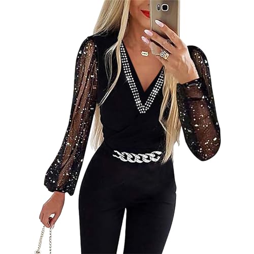 callmo Jumpsuit Damen Elegant Damen Jumpsuit Elegant Langarm V Ausschnitt Lang Overall Hosenanzug Breites Bein Romper mit Gürtel Glitzer Party Abendmode von callmo