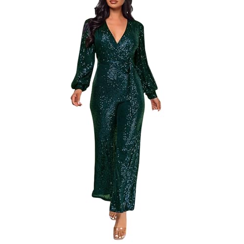 callmo Jumpsuit Damen Elegant Damen Pailletten Overall Langarm V-Ausschnitt Glitzer Strampler Lockere Hose Party Clubwear Einteiler Lang Abend Jumpsuit Elegant Playsuit Romper Hosenanzug mit Gürtel von callmo