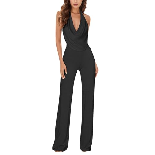 callmo Jumpsuit Damen Elegant Kleid Damen Elegant, Damen Jumpsuit Ärmelloses Neckholder Pailletten Overall Elegant V-Ausschnitt Playsuit Glänzend Lang Romper Damen Casual Gerade Beinhose Lässiger von callmo