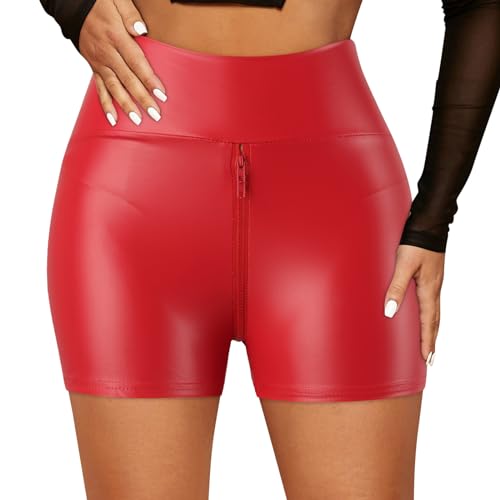 callmo Karneval 2024 Ledershorts Hotpants Glänzende Hosen PaillettenShorts Einfarbig Outfits Hohe Taille Shorts Fasching Party Frauen von callmo