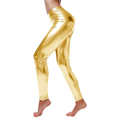 callmo Karnevalskostüme Damen Metallic Glänzed Hose Elastischer Bund Sporthose Locker Freizeit Casual Lang Hose Jogginghose Leggins Einfarbig Wet Look Stretch Leggings Tanzhosen Party Disco Clubwear von callmo