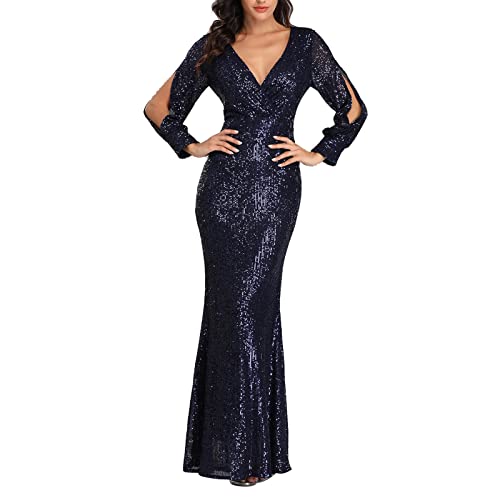 callmo Kleid Winter Damen V-Ausschnitt Partykleid Elegant Glitzerkleid Club Outfits Cocktailkleider Glitzer Etuikleid mit Spitze Eng Pailletten Wickelkleid Langarm Minikleid von callmo