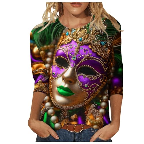 callmo Kostüm Fasching Damen Maske Muster Shirt 3/4 Arm Damen Rundhals Elegante Oberteile Langarmshirt Festliches Outfit Damen Abend Party Club Oberteil von callmo