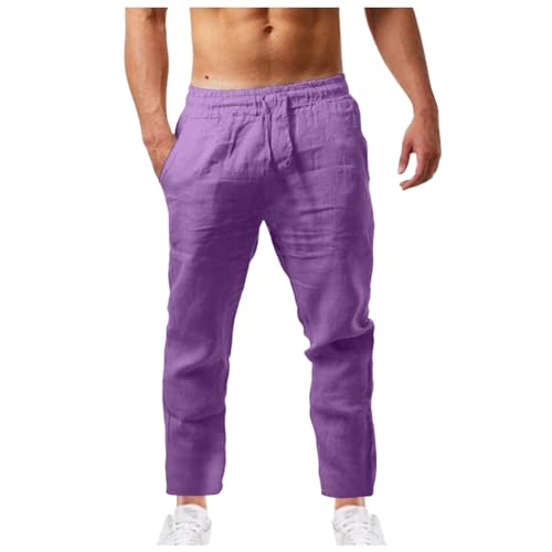 callmo Leinenhose Herren Sommer Einfarbig Loose Fit Sommerhose Leicht Freizeithose mit Kordelzug Casual Strandhose Baumwolle Leinen Hose Elastische Taille Leinenhosen Palazzo Hose mit Taschen von callmo