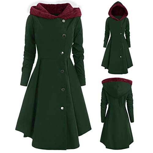 callmo Mantel Damen Lang Gothic Mittellange Hoodie Kleid Herbst Winter Wollmantel mit Kapuze Lange Knöpfen Wintermantel Retro Asymmetrisch Saum Mantel Party Kleid Vintage Kapuzenmantel von callmo