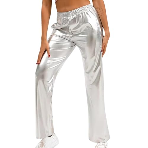 callmo Metallic Hose Damen Hohe Taille Hose Glänzend Wetlook Metallic Cargohose Hologramm Hip Hop Tanzhose Lackleder Jogger Casual Streethose Bühnen Auftritt Partyhose Nachtclub Disco Clubwear von callmo