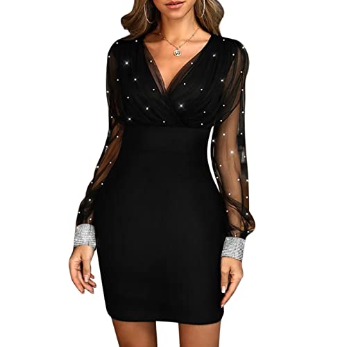 Callmo Paillettenkleid Damen Minikleid Langarm Elegante Eng Spitzen Kleider Abendkleid Figurbetontes Lange Ärmel Partykleid Moden Hohe Taille Wickelkleider von callmo