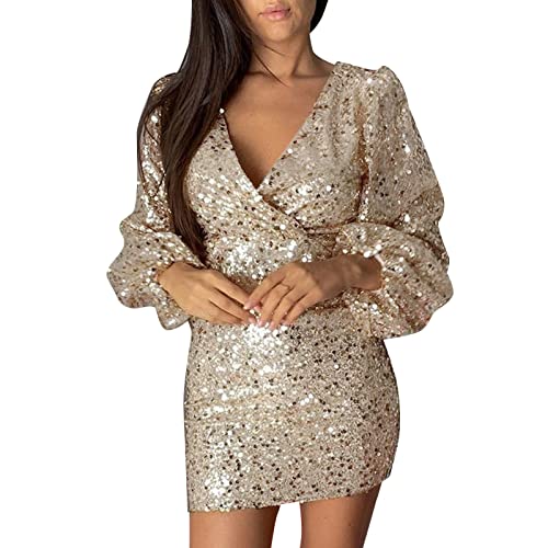 callmo Partykleid Damen Sexy Glitzerkleid Damen V-Ausschnitt Lange Ärmel Partykleid Mit Fransen Cocktailkleid Etuikleid Sexy Abend Brautkleid Schmale Passform Langärmelig Minikleider Festkleid von callmo