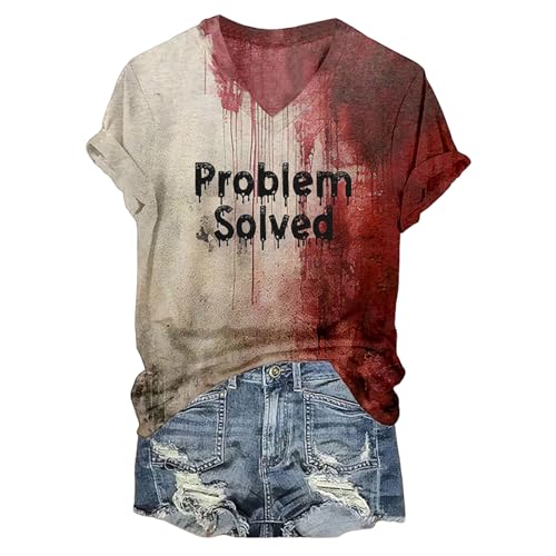 callmo Problem Gelöst Bedrucktes Halloween T Shirt Damen I'm Fine Blood V-Ausschnitt Kurzarm Halloween Shirts mit Blutigem Print Shirt Blut Verletzung Halloween-Kostüm Horror Lose Tshirt Bluse von callmo