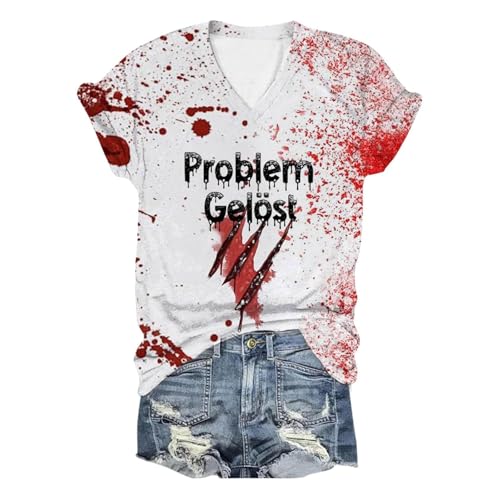 callmo Problem Gelöst Halloween T-Shirt Damen V-Ausschnitt Blutspritzer Oberteile Weiblich Kurzarm Entsetzen Blutige Handabdrücke T Shirt Brief Gedruckt Festlich Straßenkleidung von callmo