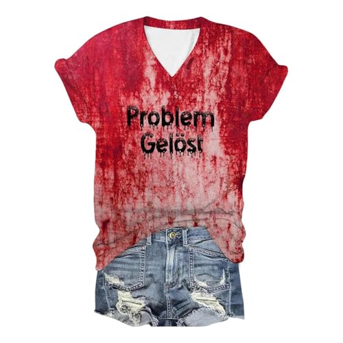 callmo Problem Gelöst Print Halloween T-Shirt Damen Blood Kurzarm V-Ausschnitt Shirt mit Blutig Bedruckt Shirts Blut Verletzung Halloween-Kostüm Leicht T Shirt Tops Blutspritzer Muster Oberteil von callmo