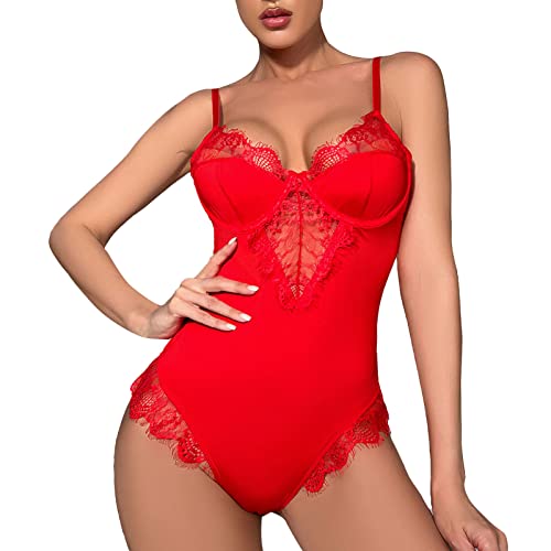 callmo Sexy Dessous Damen FüR Sex Mollige, Sexy Damen Dessous Unterwäsche Spitze Blumen Bodysuit V-Ausschnitt Reizvolle Strapsen Reizwäsche Negligee Mini Teddy Babydoll von callmo