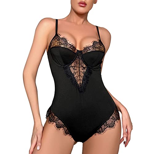 callmo Sexy Dessous Damen FüR Sex Mollige, Sexy Damen Dessous Unterwäsche Spitze Blumen Bodysuit V-Ausschnitt Reizvolle Strapsen Reizwäsche Negligee Mini Teddy Babydoll von callmo