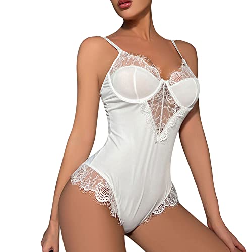 callmo Sexy Dessous Damen FüR Sex Mollige, Sexy Damen Dessous Unterwäsche Spitze Blumen Bodysuit V-Ausschnitt Reizvolle Strapsen Reizwäsche Negligee Mini Teddy Babydoll von callmo