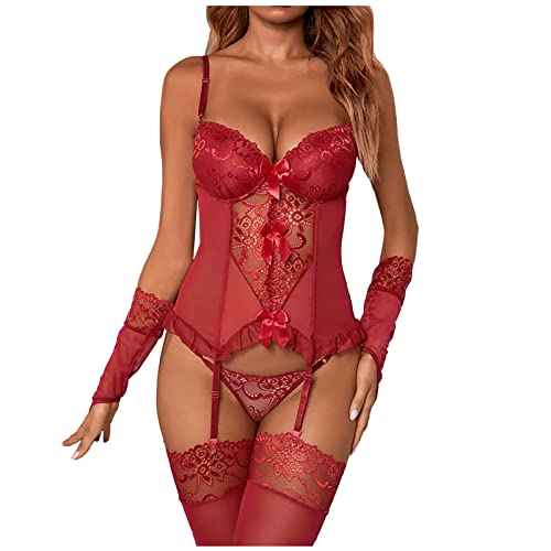 callmo Sexy Dessous Damen Spitze Body Lingerie String Tanga Rot Sexy Sexy Outfit Dessous-Sets Damen Große Größen Erotick Wäsche Frauen Nachthemd Reizwäsche Unterwäsche aushöhlen Für Sex von callmo