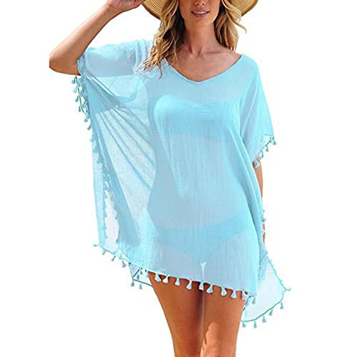 callmo Strandkleid Damen Bikini Cover Up Elegant Leicht Strandtunika Sommer Button Down Kurzarm Beach Strandponcho Pareos Locker Bademode Sarong Musselin Bluse Vertuschen Shirt von callmo