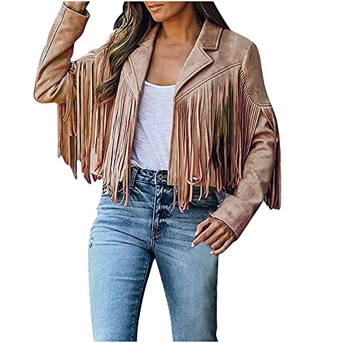 callmo Wildlederjacke Damen Fransen Jacke Faux Wildleder Crop Fransenjacke Langarm Winterjacke Hippie Kostüm 60er 70er Jahre Oberbekleidung Quasten Cowgirl Fransen Jacke Karneval Faschingskostüme 2024 von callmo