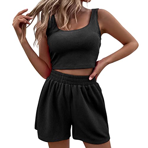 callmo Zweiteiler Damen Elegant Shorts und Top Sets 2 Piece Spaghettiträger Bauchfrei Tops Camisole Kurze Hose Hauseanzug Kombi 2-Teiler Home Set Schlafanzug BaumwolleMusselin Hose von callmo