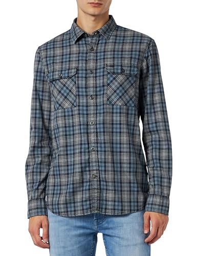 camel active Herren Kariertes Hemd aus Reiner Baumwolle Blau-Grau, Menswear-M von camel active
