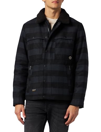 camel active Herren Karierte Übergangsjacke mit abnehmbarem Teddykragen Dunkelblau, menswear-52 von camel active