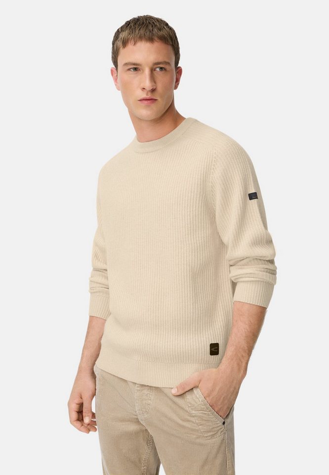 camel active Strickpullover aus reiner Lammwolle Langarm Kapuze Markenlabel von camel active
