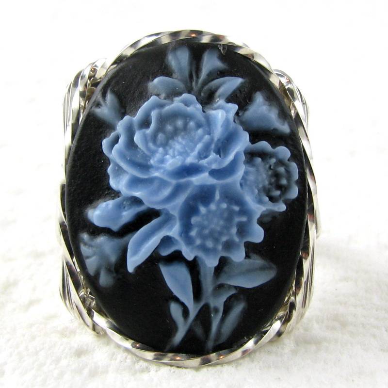 Blaue Rose Blumenstrauß Cameo Ring Sterling Silber Schmuck Blaue Rose Blumenstrauß Cameo Ring Sterling Silber Schmuck von cameojewelryart
