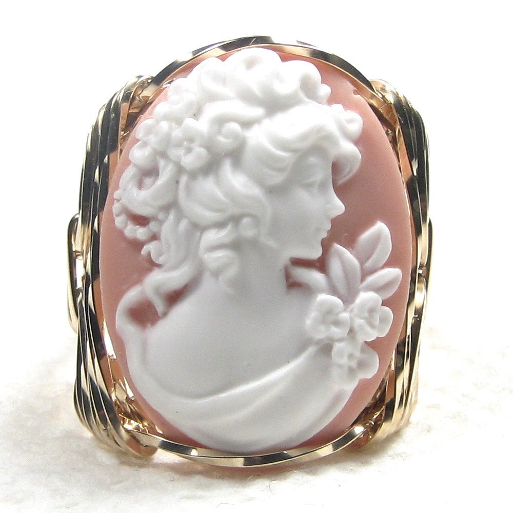 Edwardian Era Lady Pink Cameo Ring 14K Walzgold Individuell Schmuck Größe Wählbar von cameojewelryart