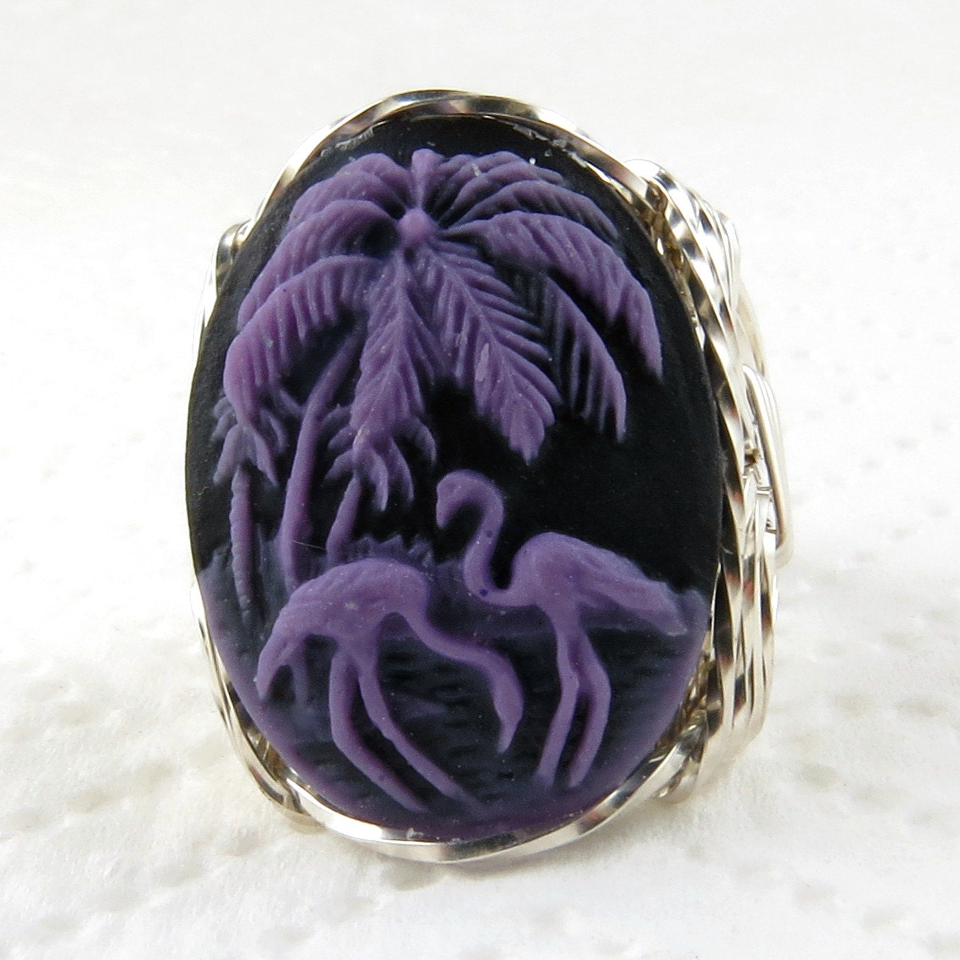 Flamingo Lila Kamee Ring .925 Sterling Silber Custom Schmuck von cameojewelryart