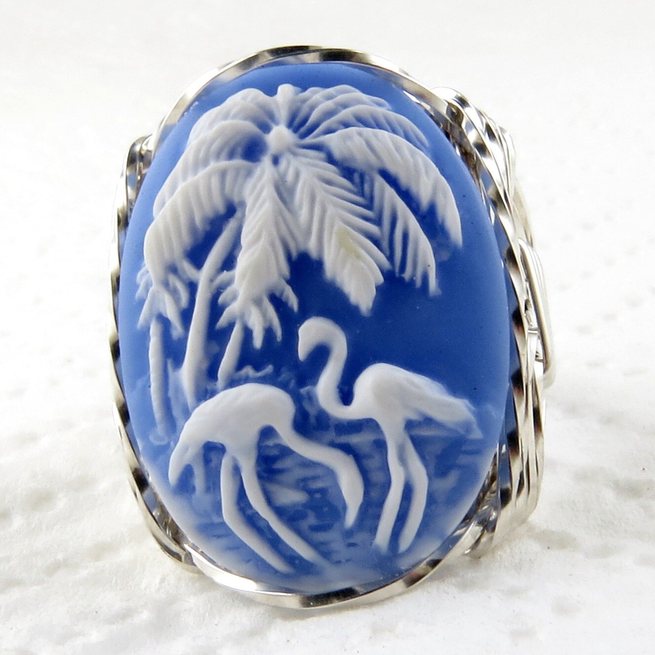 Flamingo Vogel Blau Cameo Ring Sterling Silber Schmuck von cameojewelryart