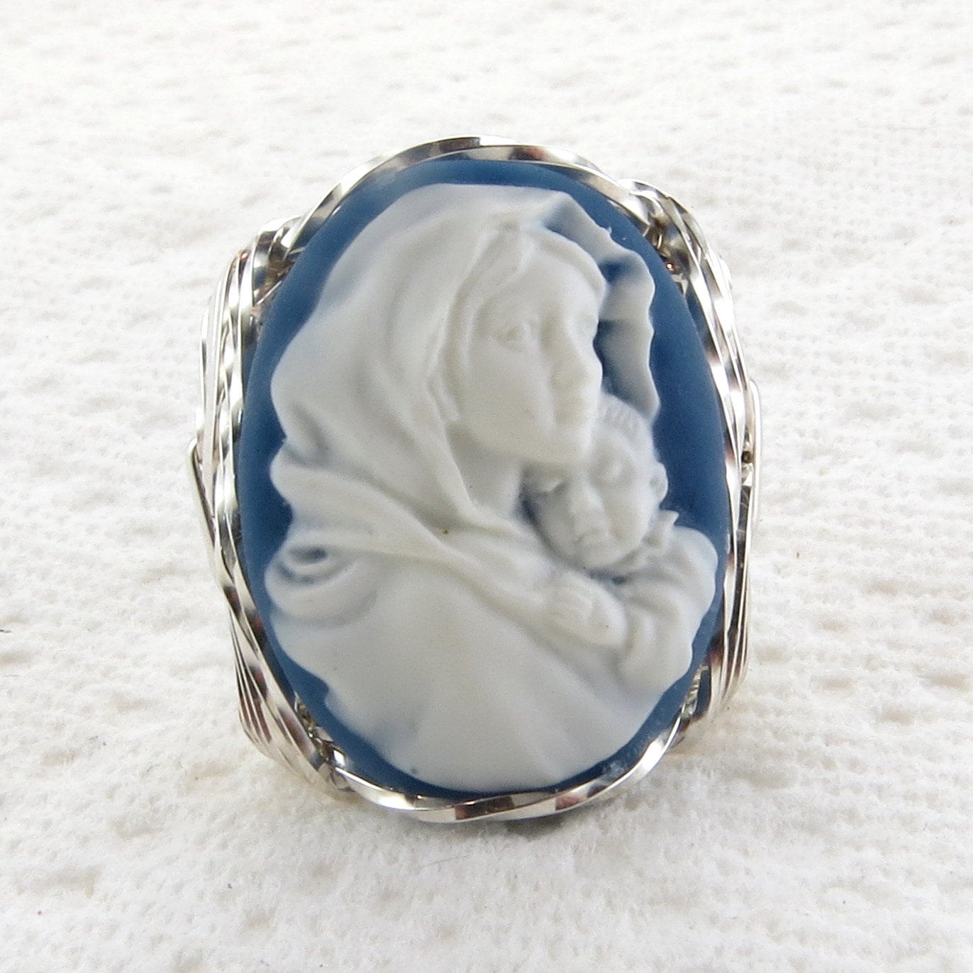 Mutter Maria Baby Jesus Blaue Kamee Ring Sterling Silber Custom Schmuck von cameojewelryart