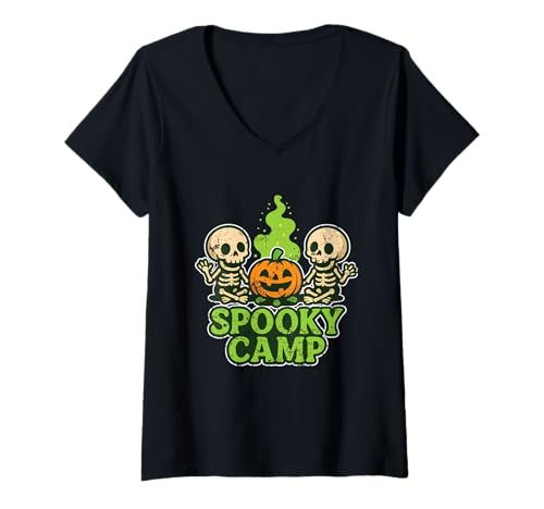 Damen Spooky Camp Skelett Lagerfeuer T-Shirt mit V-Ausschnitt Damen Spooky Camp Skelett Lagerfeuer T-Shirt mit V-Ausschnitt von campfire skeletons pumpkin Halloween jack o