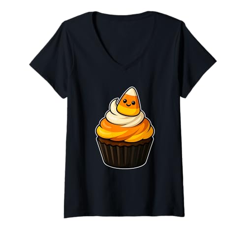 Damen Süßigkeiten-Mais-Cupcake T-Shirt mit V-Ausschnitt Damen Süßigkeiten-Mais-Cupcake T-Shirt mit V-Ausschnitt von candy corn cupcake halloween baking cute halloween