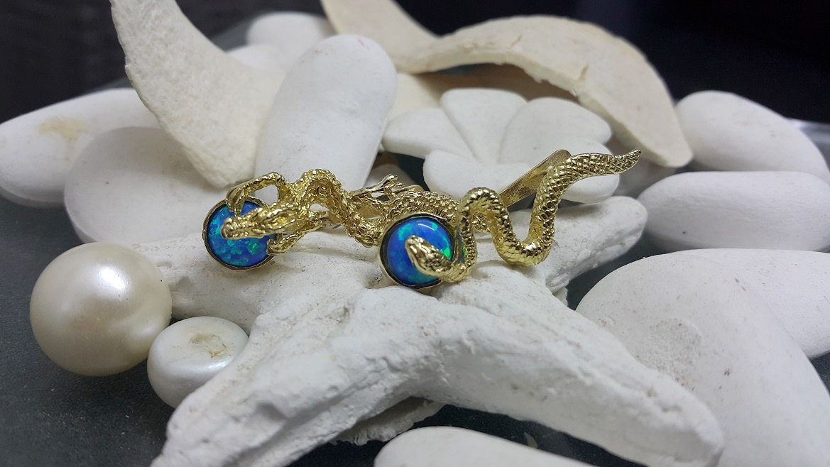 Blauer Opal Drache Schlange Ohrringe, 14K Gold Filled von candybohojewelry