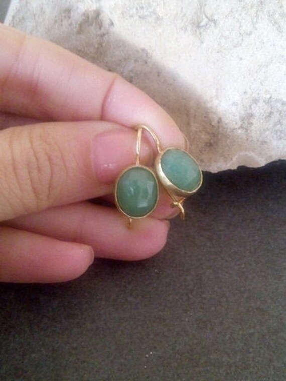 Grüne Ohrringe, Natürliche Aventurin Tropfen Baumeln Gold Achat Ovale Edelstein Vintage Smaragd Ohrringe von candybohojewelry