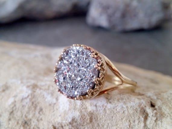 Silber Druzy Ring, Hochzeitsgeschenk, Cocktail Statement Gold Edelstein Runder Stein Ring von candybohojewelry