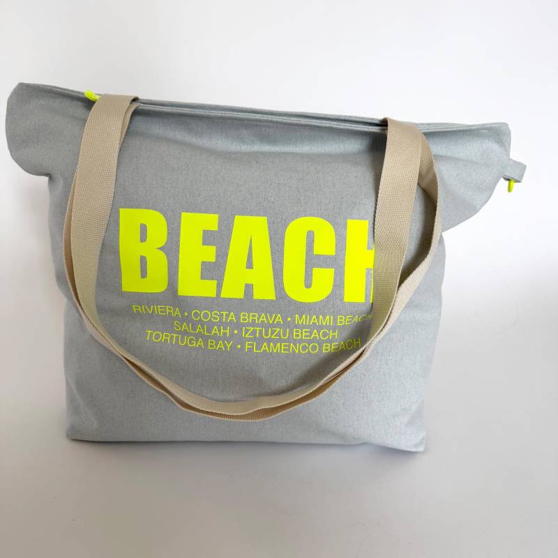strandtasche Beach in Xl Und Xxl Bag Jeansoptik Hellblau Mit Neon - Print Gelb Große Schultertasche Tragetasche Reißverschluss von canenya