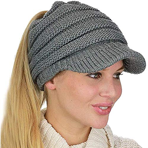 canjoyn Damen Mädchen Beanie Mütze Winter Warme Mütze Rippstrick-Baseballmütze High Bun Pferdeschwanz Visor Beanie Cap - Grau - Medium von canjoyn
