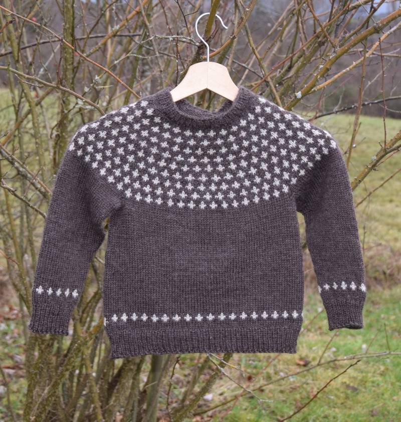 Kinderpullover 6J Handgestrickt Island Art 100% Wolle Braun von cantharellus