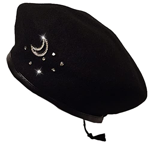 Französischer Stil Barett mit Strass Mond Casual Maler Hut Beanie Cap Festival Geschenk für Freundin Mama Frauen Schwarz, Schwarz , Einheitsgröße von caoxhenr