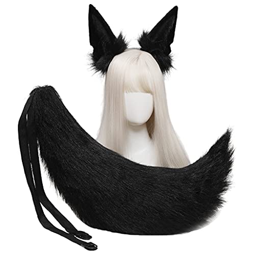 caoxhenr Wolf Ohren & Schwanz Set - Plüsch Tier Ohren Kopfschmuck Schwanz Kostüm Zubehör für Cosplay, Halloween, Karneval & mehr in Einheitsgröße, Schwarz von caoxhenr