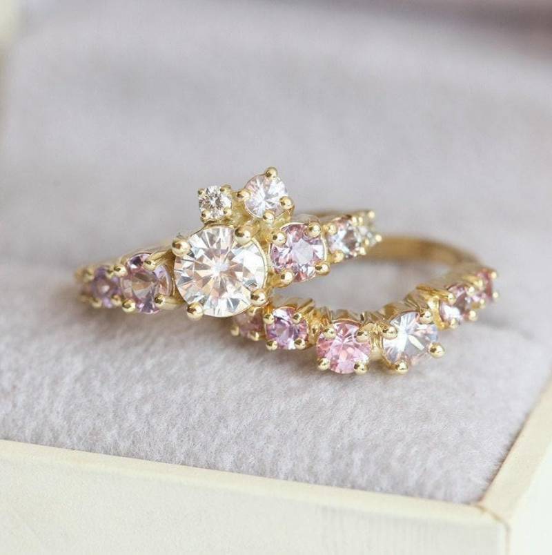 Diamant & Saphir Cluster Ring Set 14K Gold Verlobungsringe von capucinne