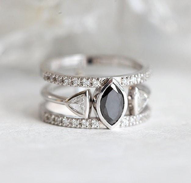 Marquise Schwarz Diamant Verlobungsring Set 14K Gold Trillion Ehering von capucinne