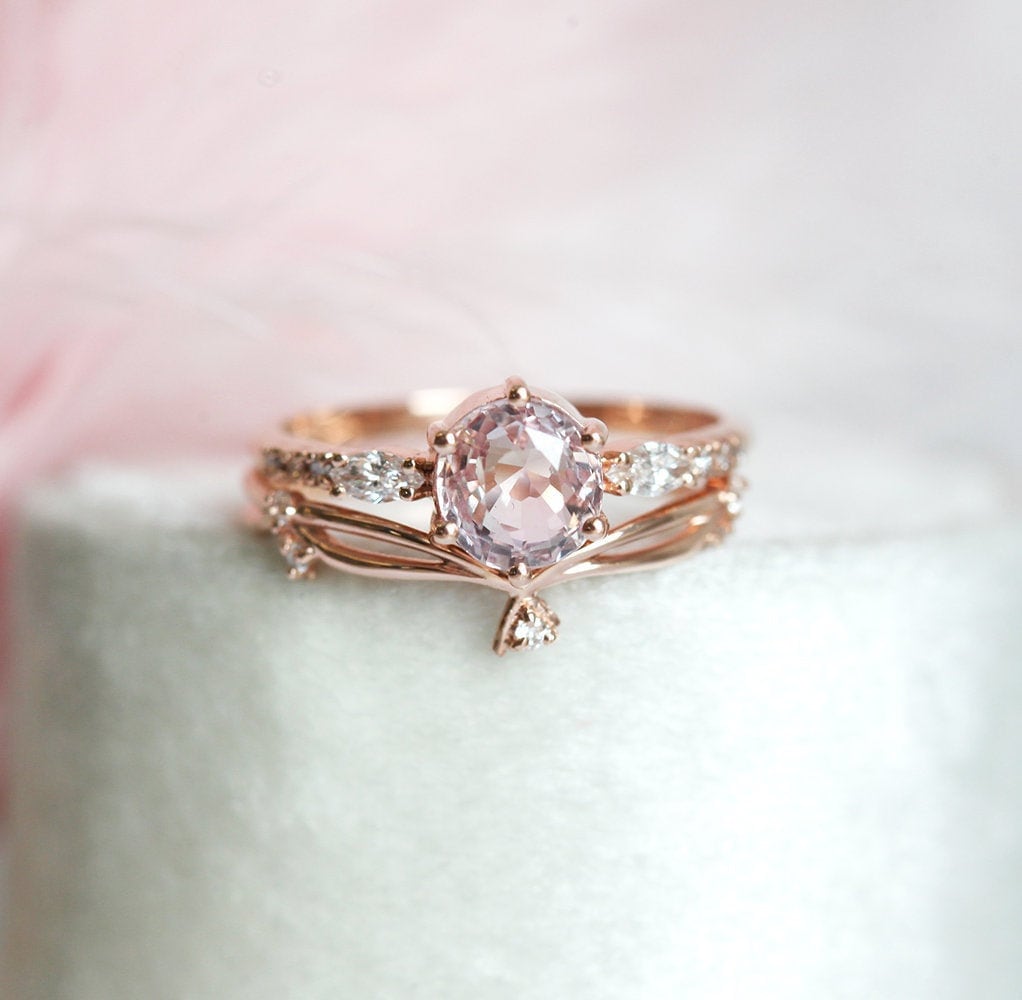 Pfirsich Saphir Diamant Ring Set, Rund Pink Verlobungsring Rose Gold Set Mit Zweigring von capucinne