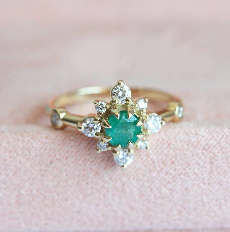 Smaragdring, Smaragd Diamantring, Diamant Gelbgold Grüner Verlobungsring, Cluster Ring von capucinne